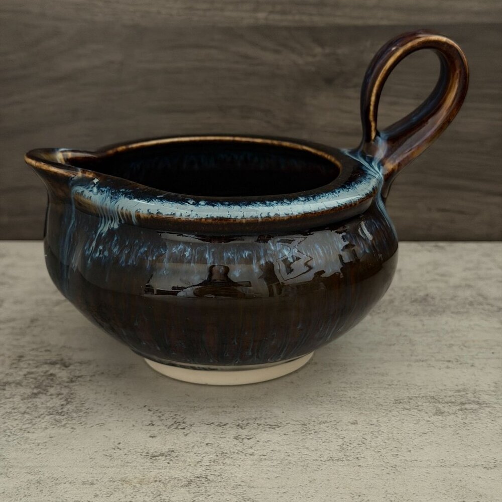 Vintage Bill Campbell Pottery Blue Brown Drip Glaze Gravy Boat Handle Signed 6"